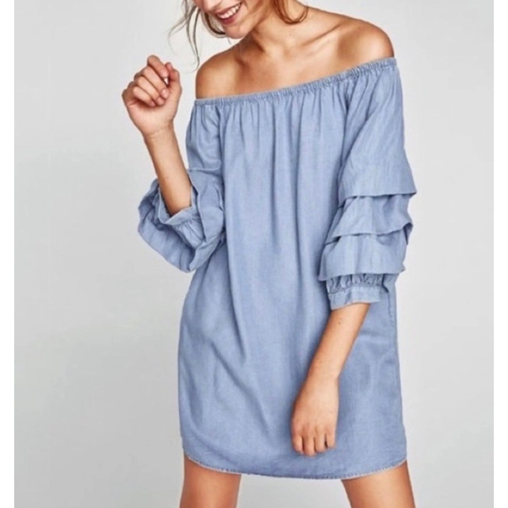 Zara Chambray Dress Size Small Blue Off Shoulder Ruffle Sleeve Denim Boho Summer